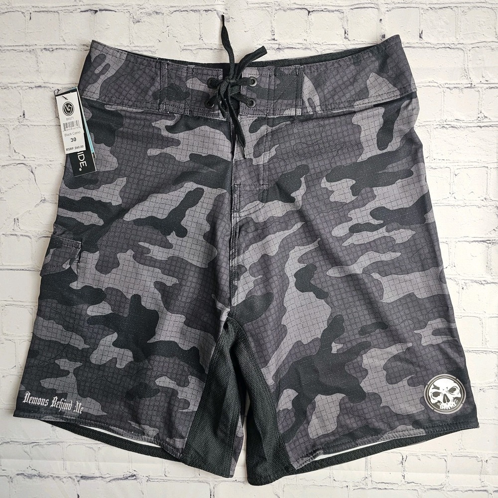 NEW Burnside Board Shorts Mens Size 30 Black Camoflage Performance Swim
